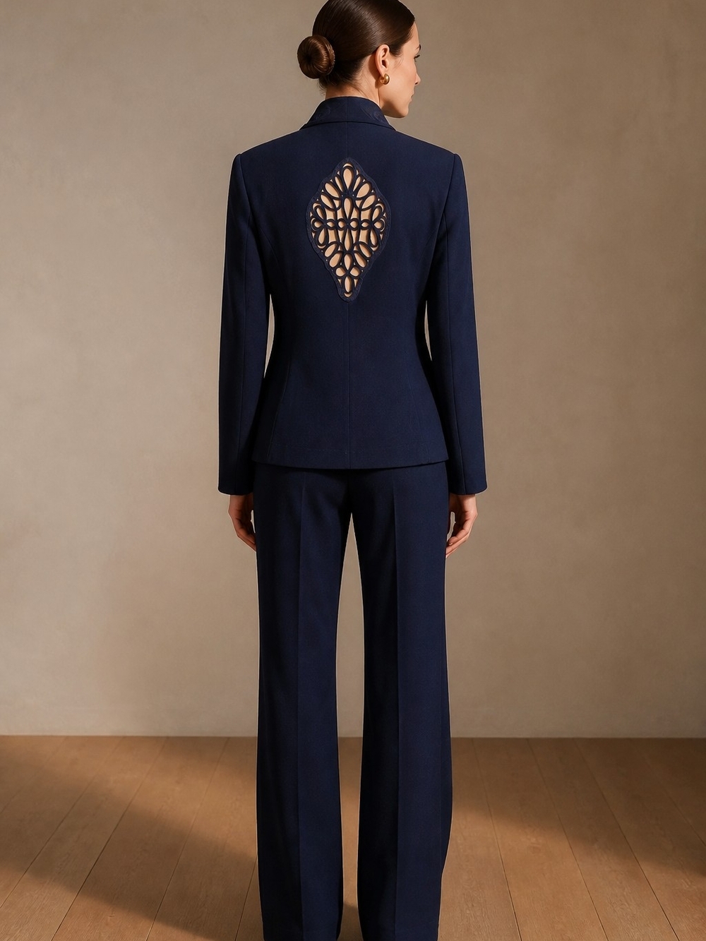 Preowned Escada Navy Wide-Leg Suit Pants and Jacket with Decorative Back Cutout